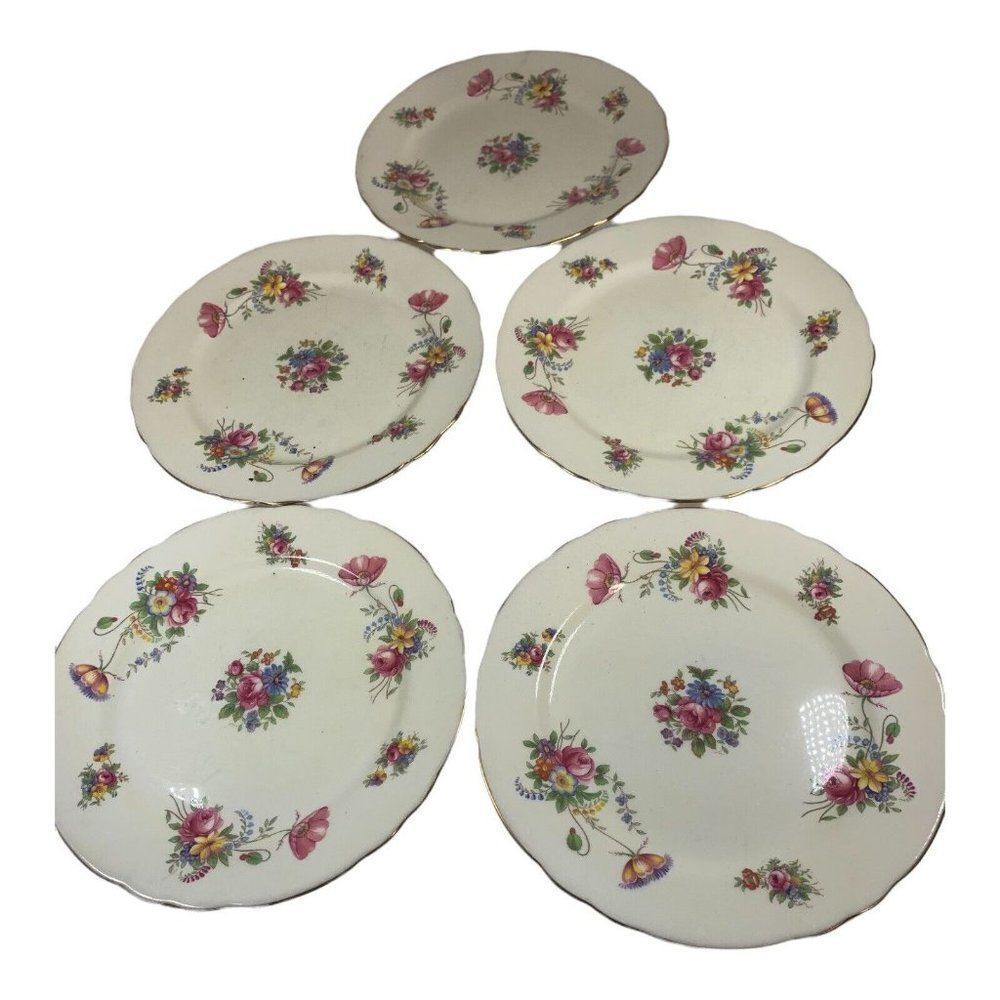 Lot Set 5 Aynsley Floral Bone China Salad Lunch Plates 5 Piece Davis Collamore